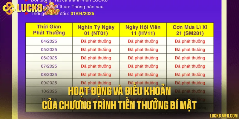 Hoạt động và điều khoản của chương trình tiền thưởng bí mật